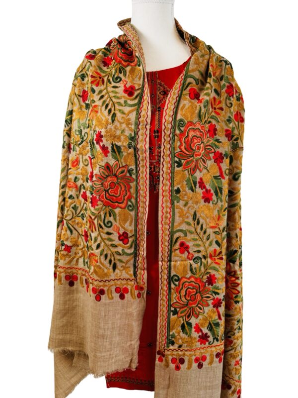 Beige and Multicolored Floral Embroidered Pashmina Shawl