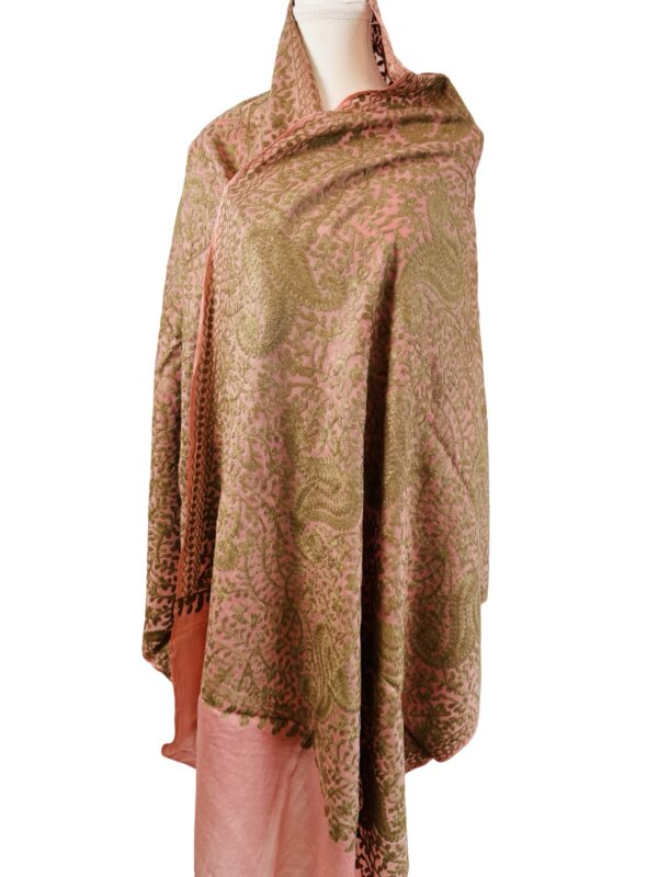 Pink and Olive Green Embroidered Pashmina Shawl