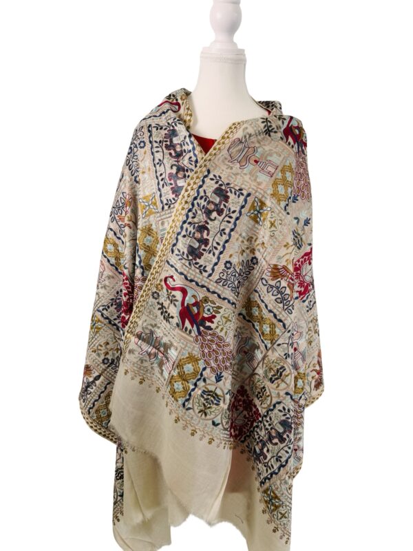 Cream Multicolored Embroidered Pashmina Shawl