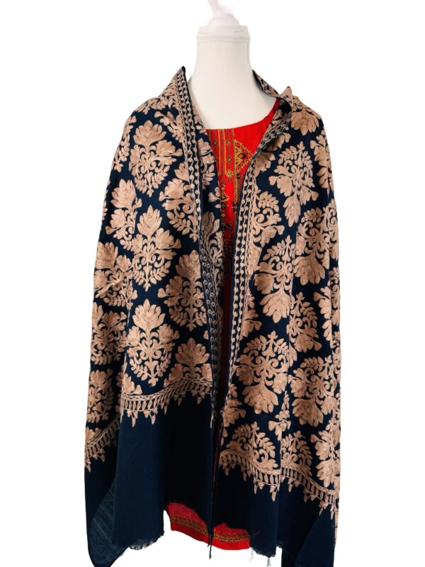 Classic Navy Blue and Gold Embroidered Pashmina Shawl